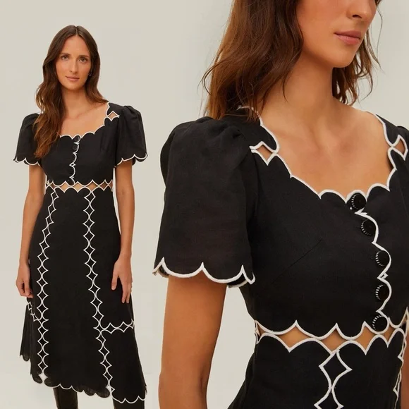 New Farm Rio Scalloped Cutout Linen Euroflax Maxi Dress Black White